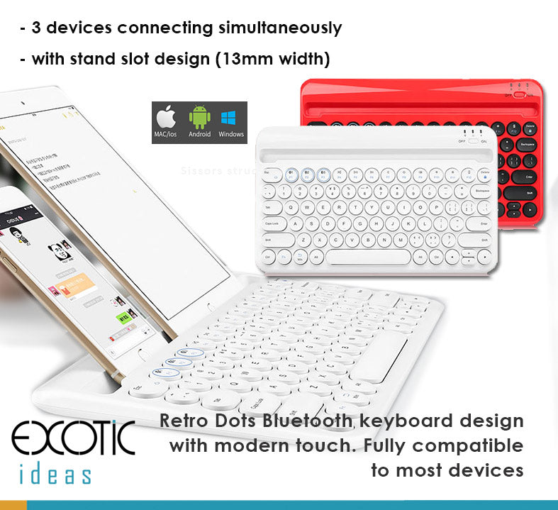 Retro Dots Bluetooth keyboard, 3 Bluetooth connections, compatible to Android, ISO, Windows. With stand slot design