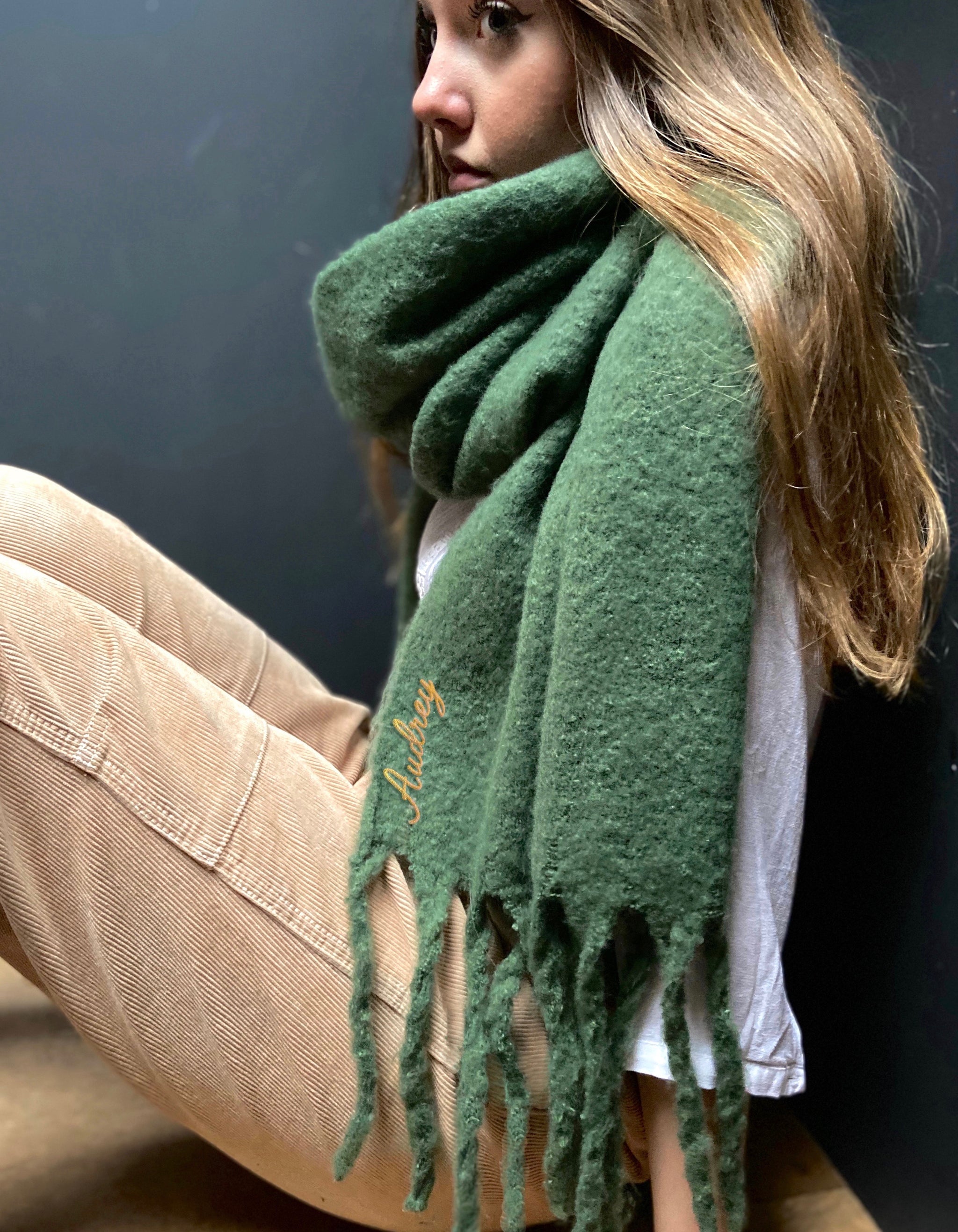 Personalised Fringed Blanket Scarf In Emerald Green The Forest Co