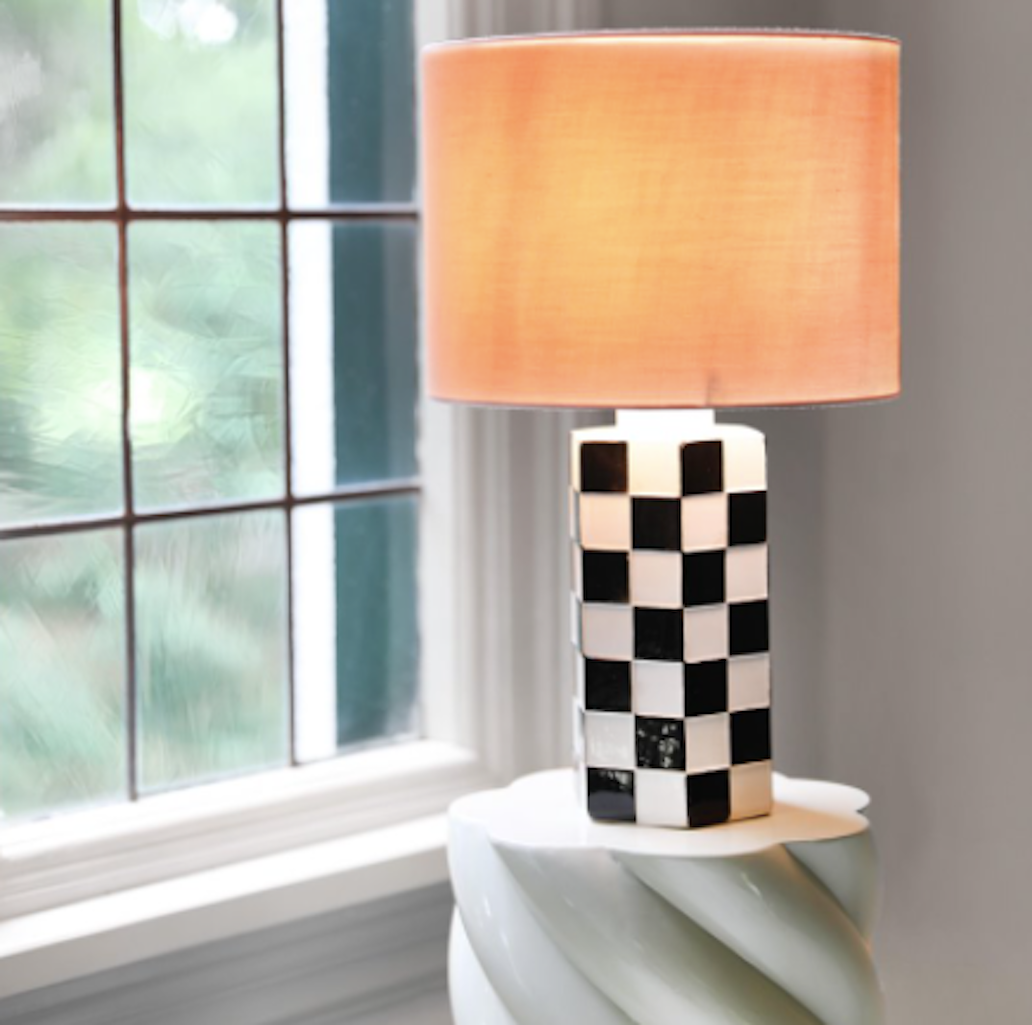 Chequered Table Lamp With Pink Shade - The Forest & Co.
