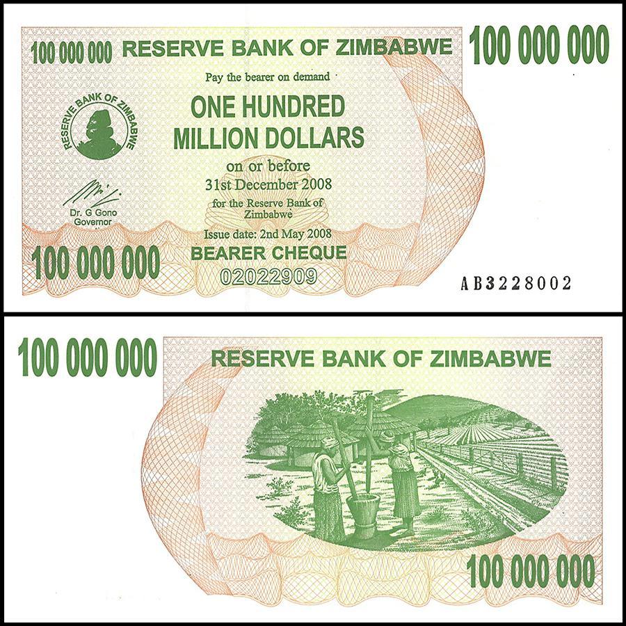 Zimbabwe 100 Million Dollar Bearer Cheque 08 New 100trillions Com