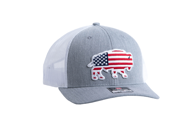 Red Dirt Hat USA Buffalo Grey White Mesh Trucker Patch Cap RDHC- 1