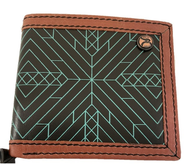 HOOEY "NEON MOON" ROUGHY bifold Wallet BLACK/BROWN W/TURQUOISE AZTEC RBF002-BKBR