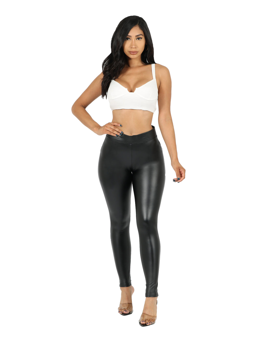 Matte Faux Leather Leggings For Women 25'' - High Waisted Stretch