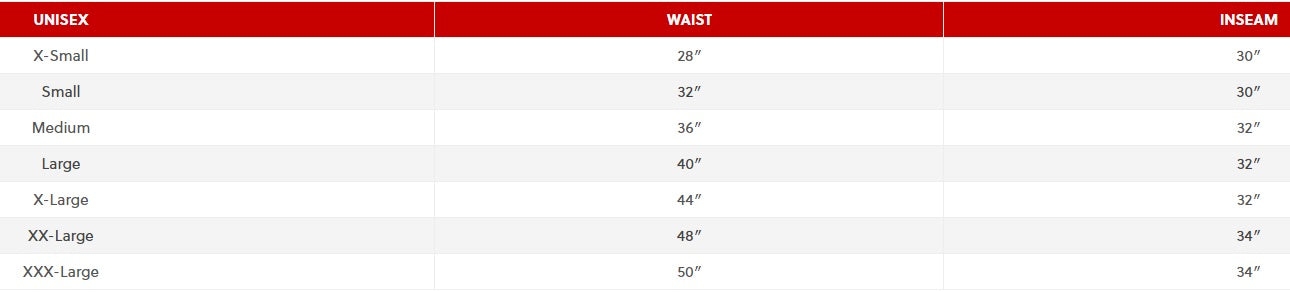 Game Bibs Size Chart