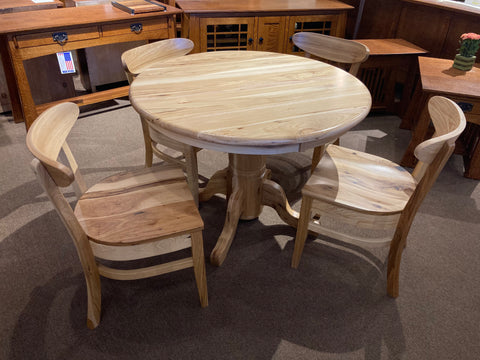 round single pedestal table in rustic hickory wood with clear coat and 4 matching side chairs