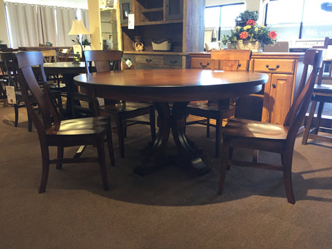 round 60" single pedestal dining table with 4 side chairs