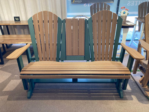 outdoor poly lumber double glider in brown with green accents
