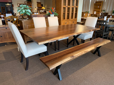 Live edge walnut wood dining table with matching live edge bench and 4 upholstered side chairs