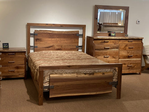 Walnut wood bed with walnut slab headboard and footboard with matching 3 drawer nightstand and 8 drawer dresser and mirror