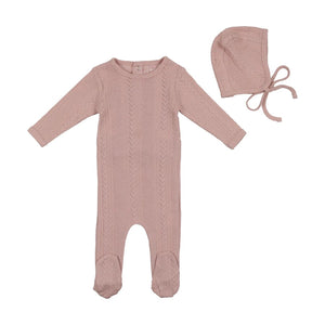 Baby Girl Footie + Bonnet | Cable Weave | Petal Pink | Bee and Dee | AW22