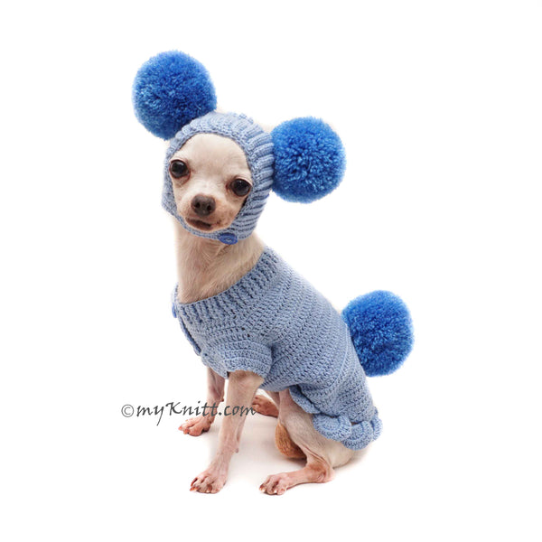 Blue Pom Pom Dog Sweater with Matching Pom Pom Dog Hat DF164 Myknitt ...