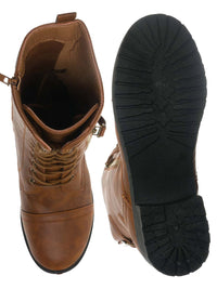 Tan / Mountain81 Grungy Lace Up Combat Boots - Men Womens Calf High Shoe
