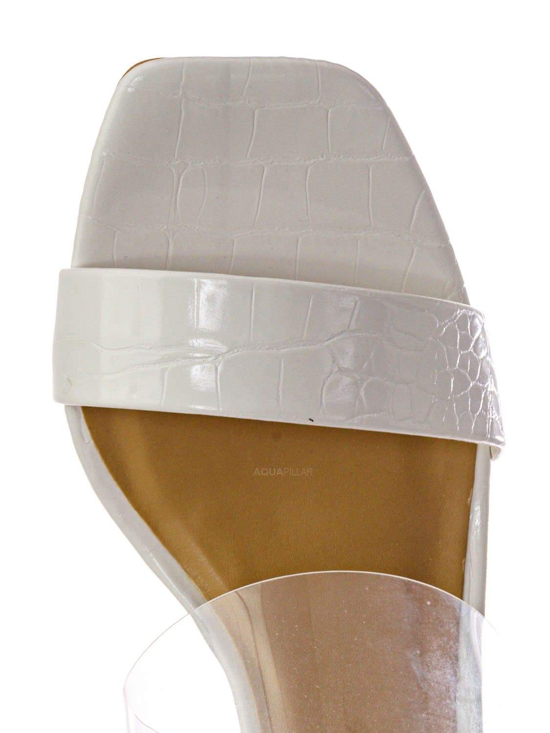 White Croc / Forever31 Lucite Chunky Block Heel Slides - Womens Open Squared Toe Mules