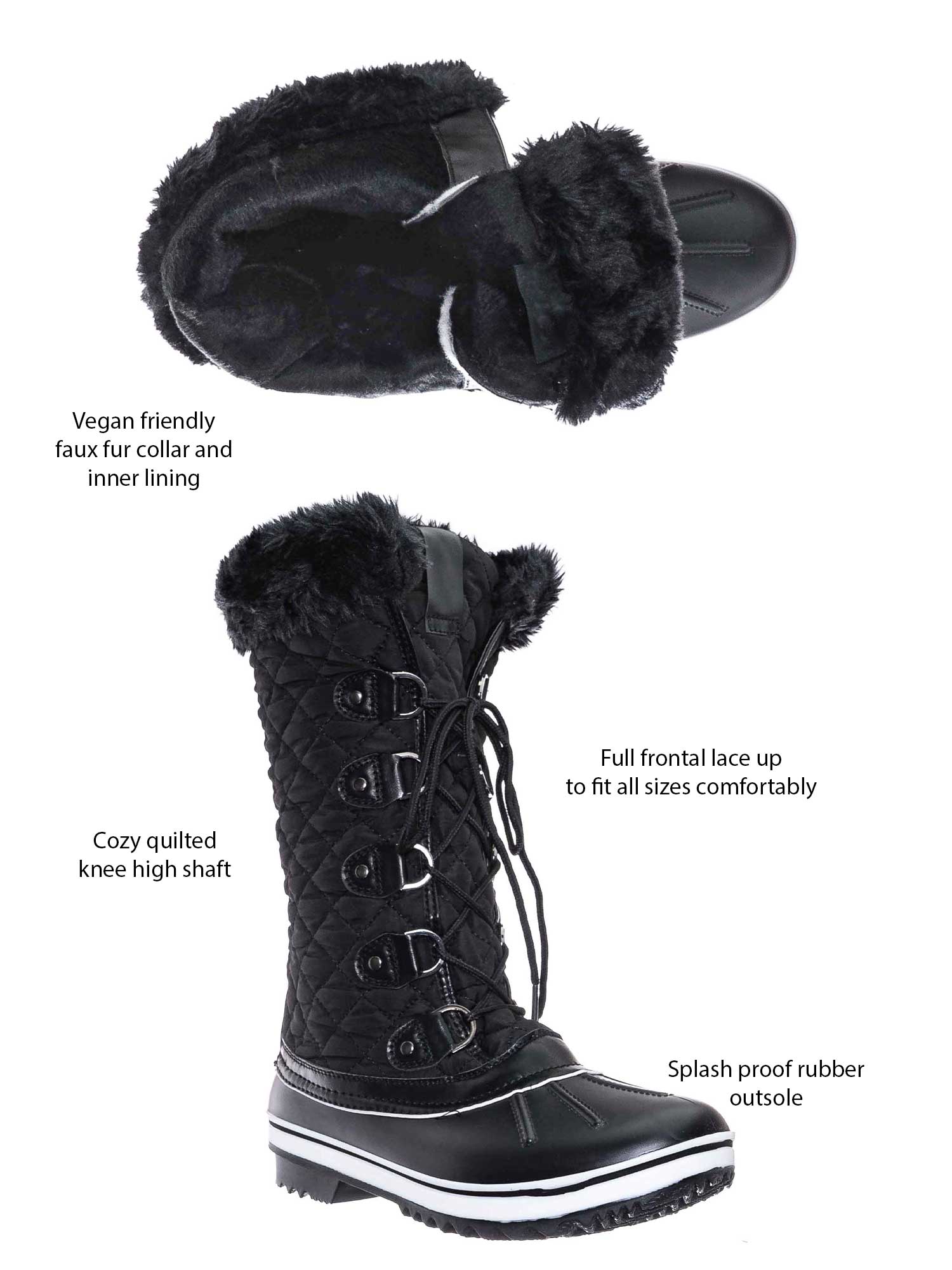Black / Value18 Faux Fur Duck Tall Boots - Quilted & Tweed Snow Rain Shoe