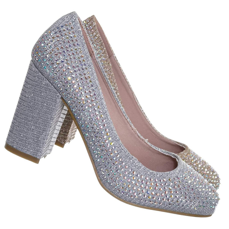 silver rhinestone block heels