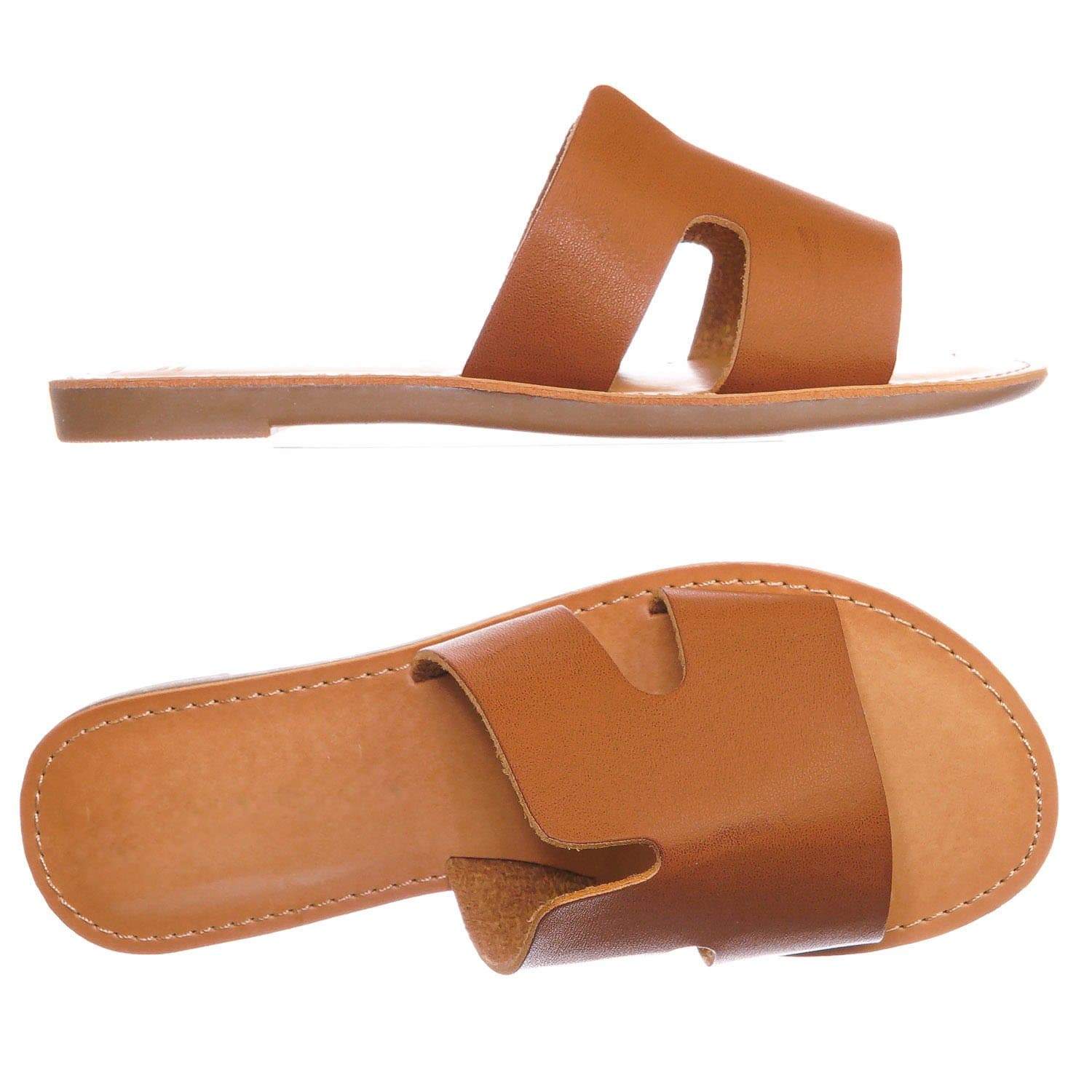 Tan Brown / Salvia2 Tan Girls Slip On Flat Slipper Sandal - Kids Children Horsehoe Open Toe Shoe