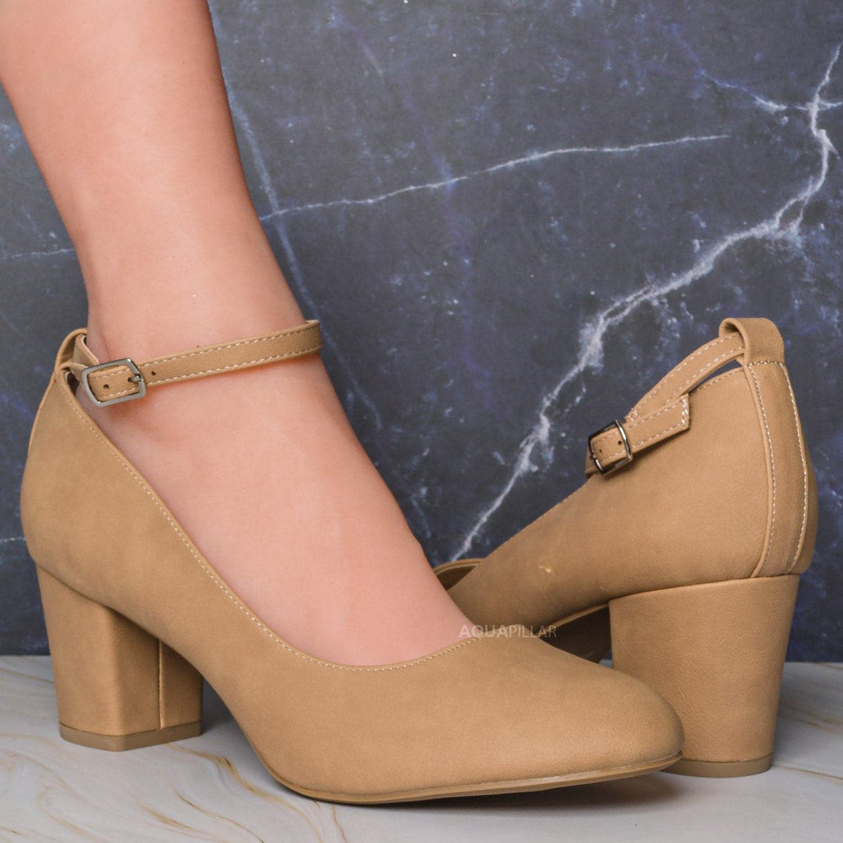 Sand Beige / Ryan Block Heel Ankle Strap Pump - Women Comfort Foam Padded Shoes