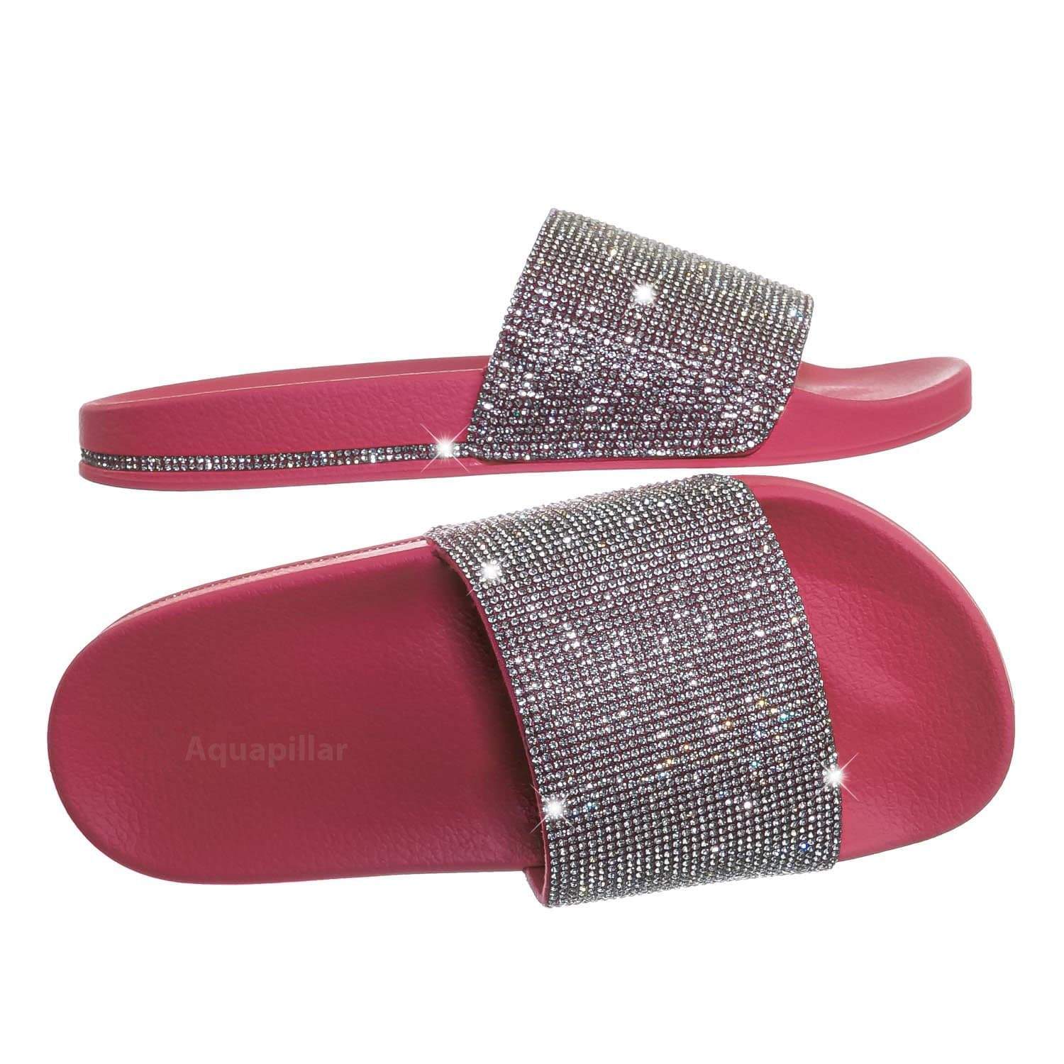 Neon Pink / Marty 01NPnkJr Rhinestone Crystal Footbed Slipper - Women Molded Comfort Flat Sandal