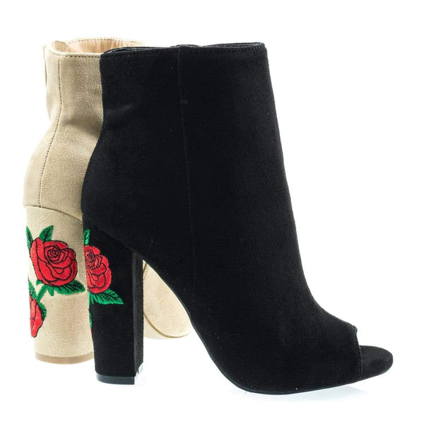Morris03B Black By Wild Diva, Embroidered Floral Stitching, Chunky Block Heel Ankle Bootie w Peep Toe