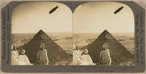 Stereograph of Graf Zeppelin over pyramids in Egypt