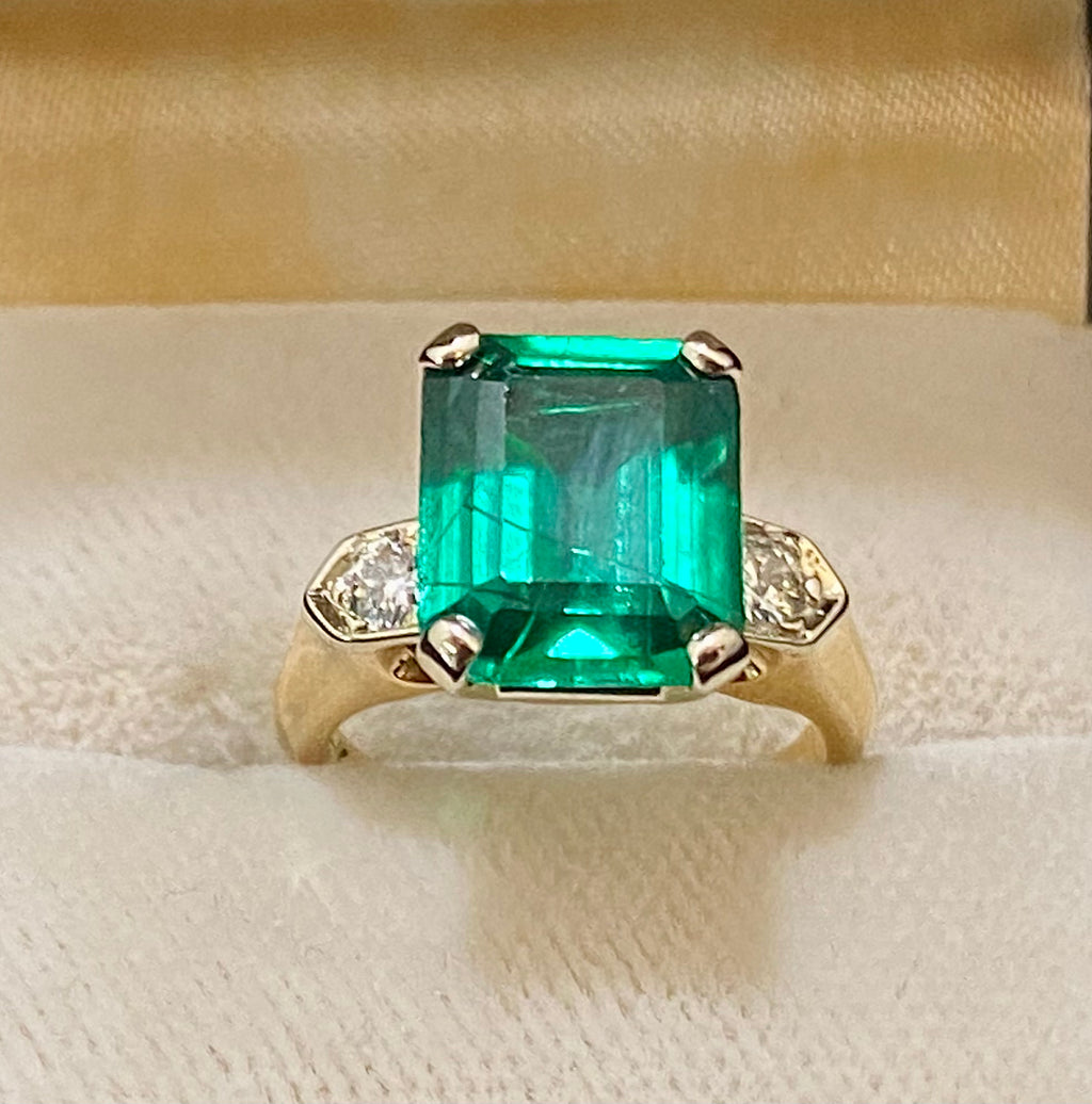 Designer Solid Yellow Gold 8+Ct. Emerald & Diamond Ring