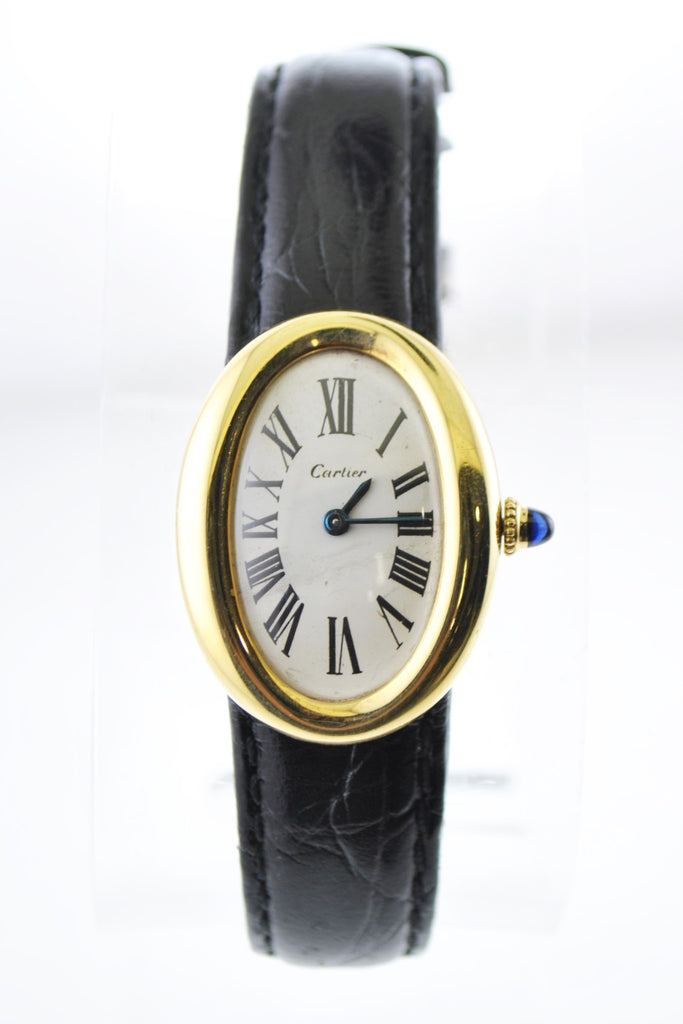 Cartier Baignoire Mechanic Oval Ladies Wristwatch on Black Leather Str ...