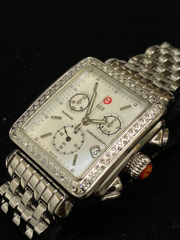 MICHELE Deco Chronograph in Stainless Steel w/ 98 Diamond Bezel! - $4K