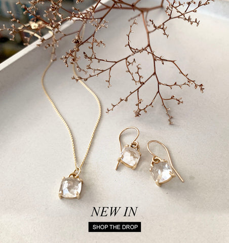 new in - white topaz and yellow gold necklace and drop earrings