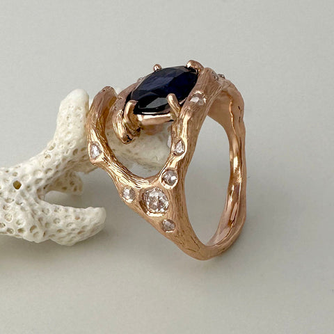 a bespoke oak twig ring with heirloom sapphire and old cut diamonds