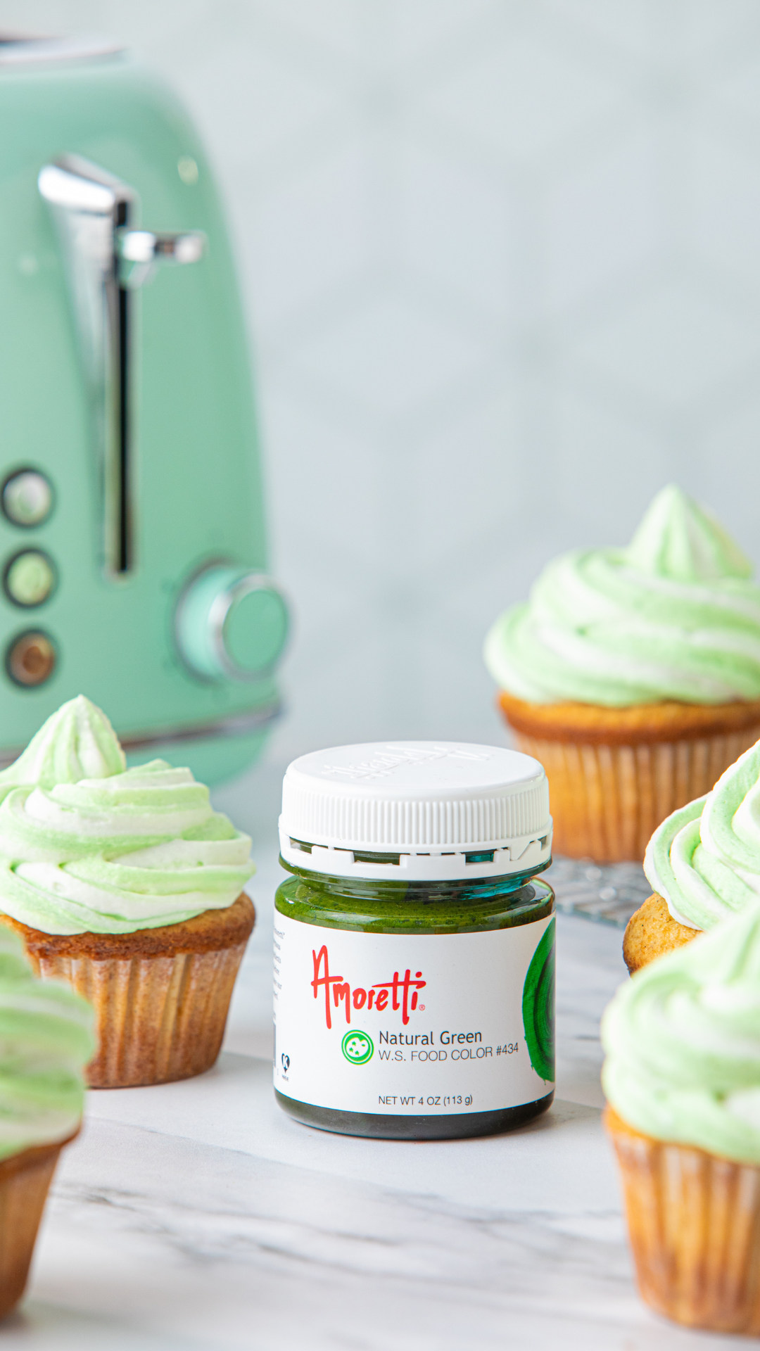 Amoretti Natural Green Food Coloring next to Creme De Menthe Cupcakes