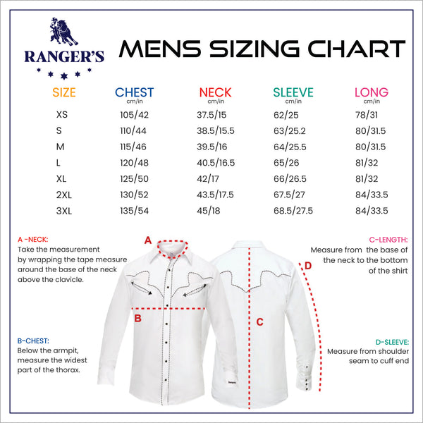 mens western shirt sizing chart