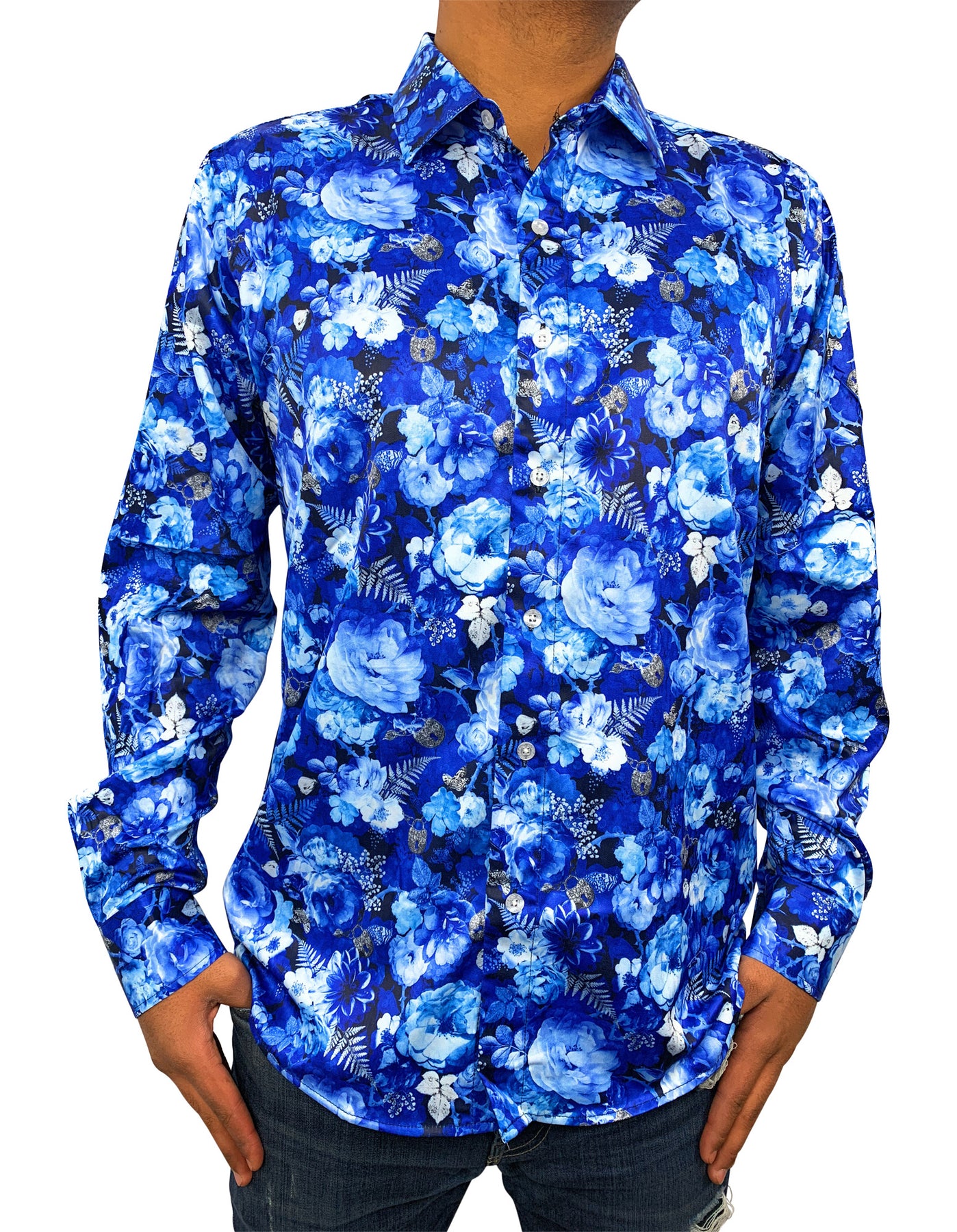 denim and flower mens long sleeve shirt