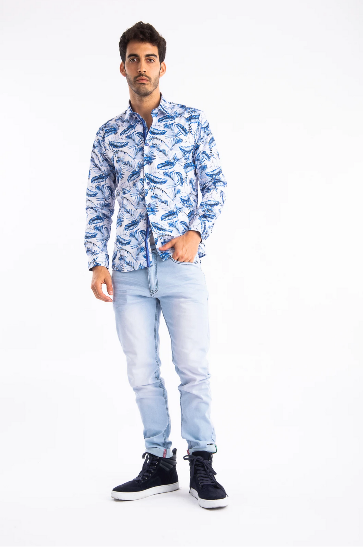 Barabas Mens Blue Feather Print Long Sleeve Shirt — El Coronel Clothing Co.