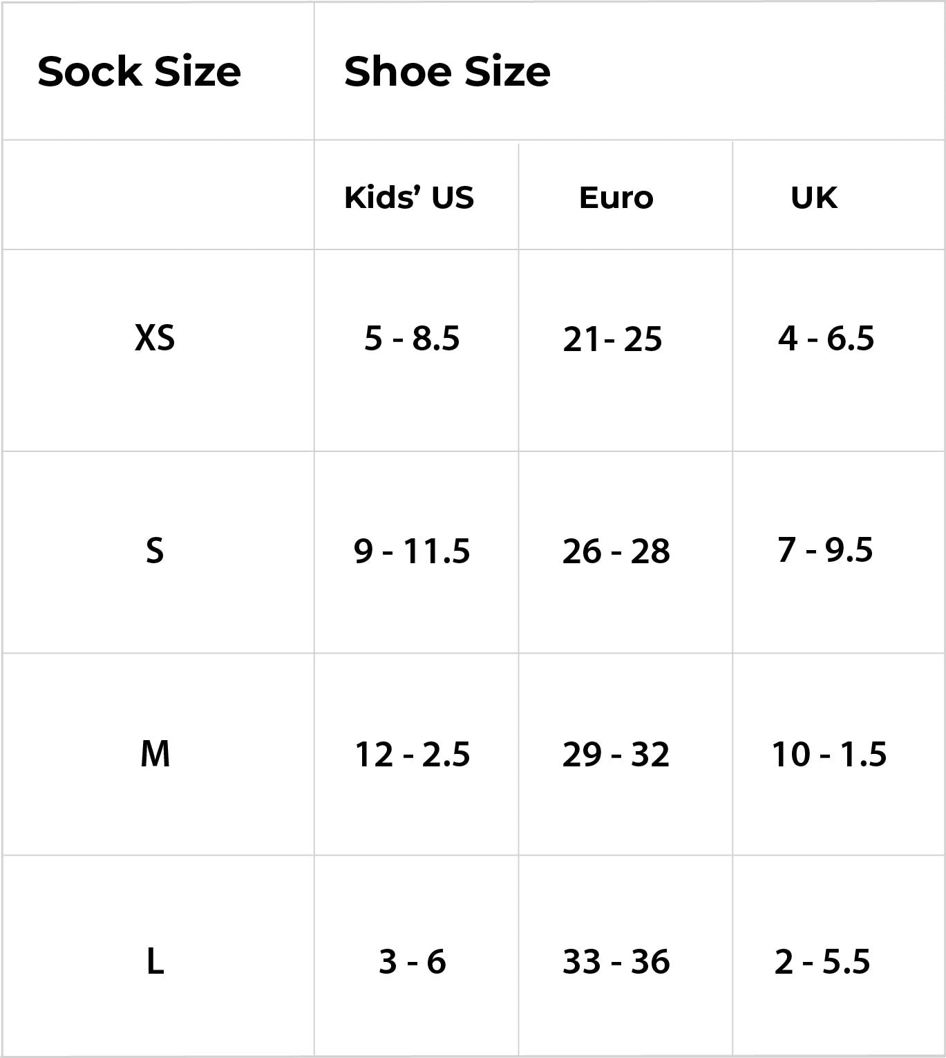 Kids Sock Size chart