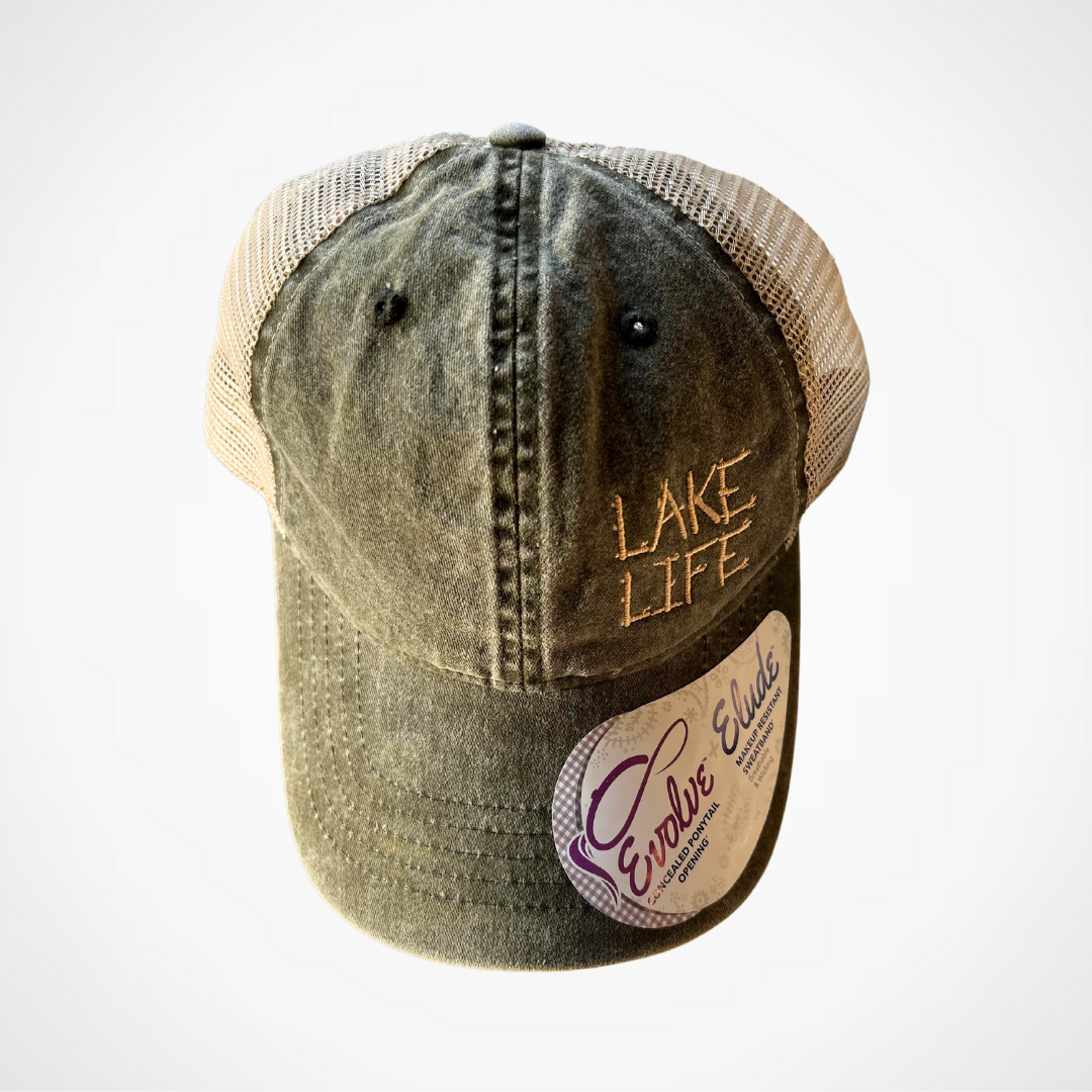 Ladies Lake Life Cap with Ponytail Opening in Olive/Camo