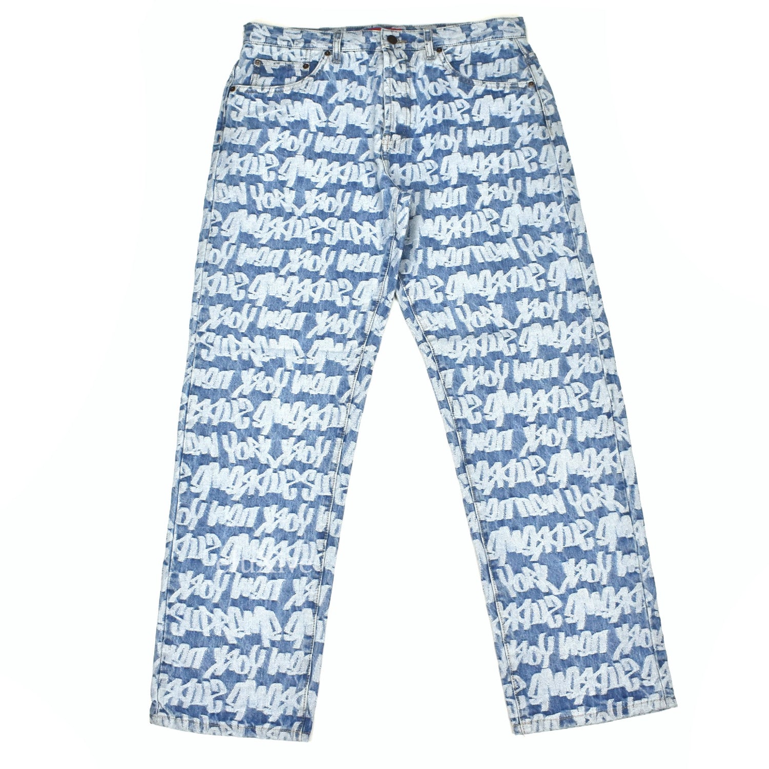 Supreme - Blue Fat Tip 'LV' Jacquard Logo Denim Jeans – eluXive