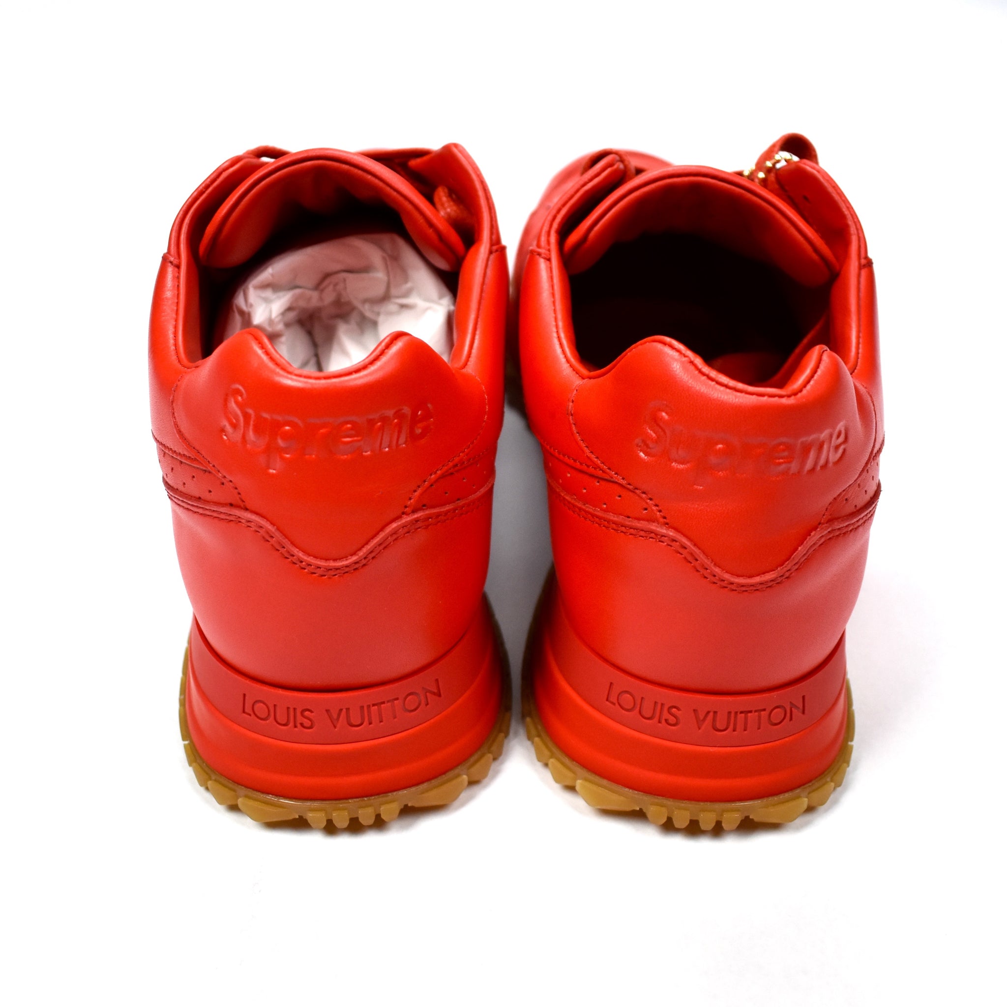 Louis Vuitton x Supreme - Red Leather Run Away Logo Embossed Sneakers – eluXive