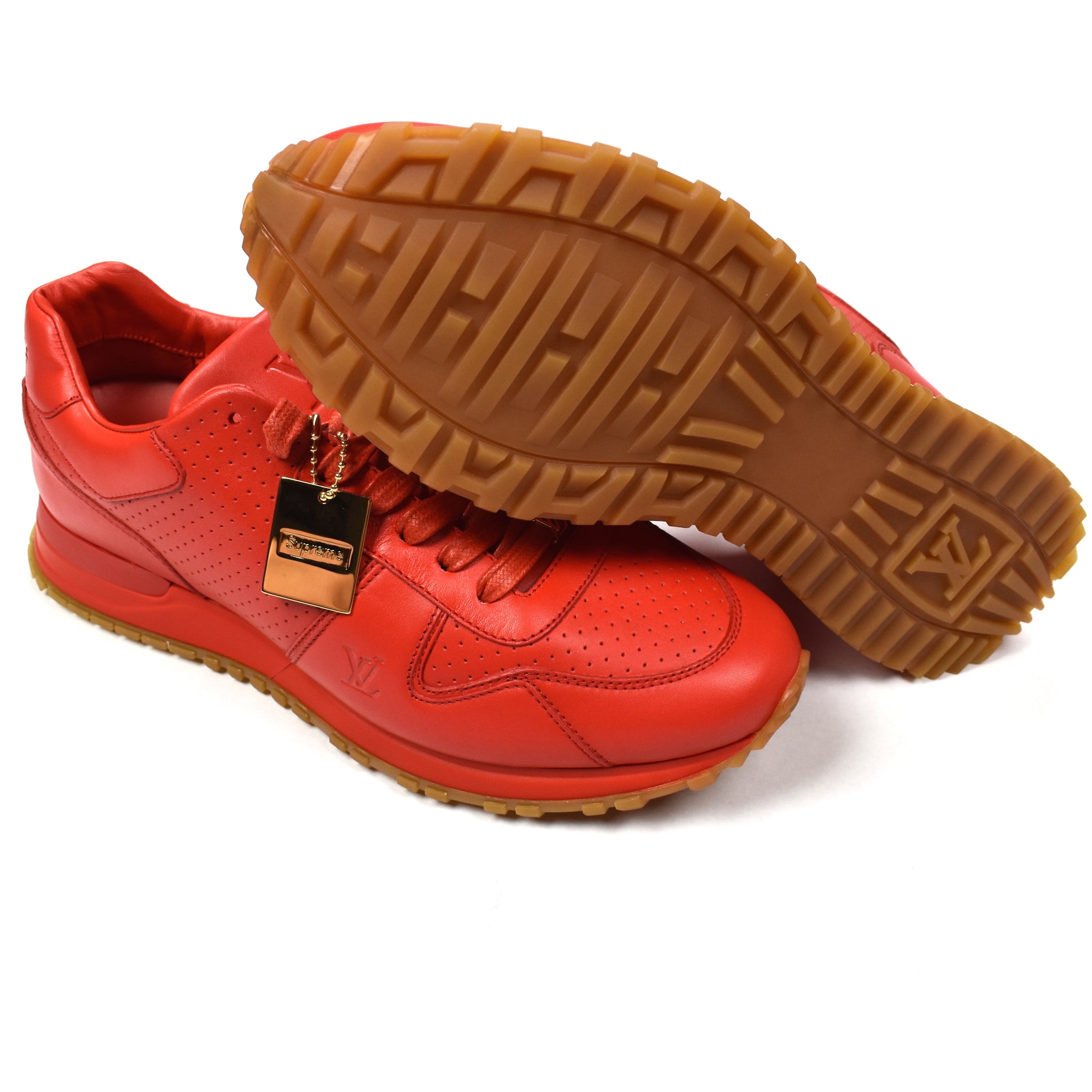 Louis Vuitton x Supreme - Red Leather Run Away Logo Embossed Sneakers – eluXive