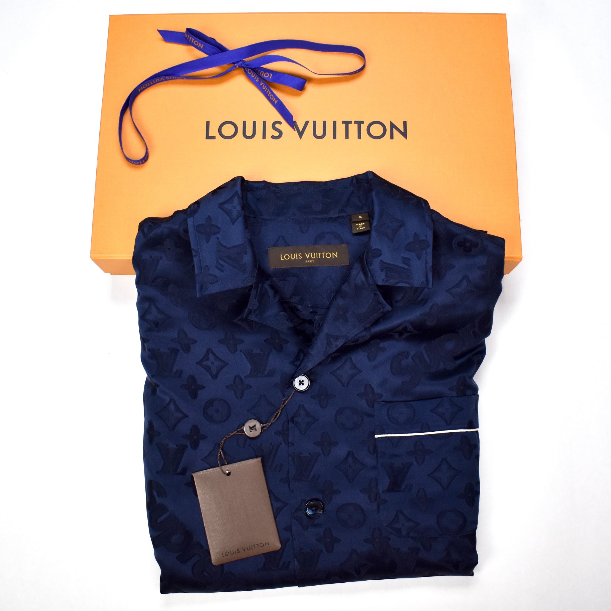 Louis Vuitton x Supreme - Navy Silk LV Monogram Box Logo Pajama Shirt – eluXive