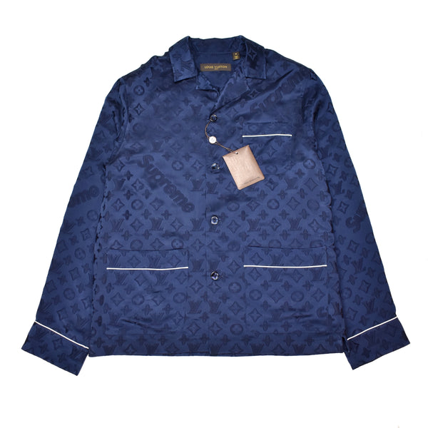 Louis Vuitton x Supreme - Navy Silk LV Monogram Box Logo Pajama Shirt – eluXive