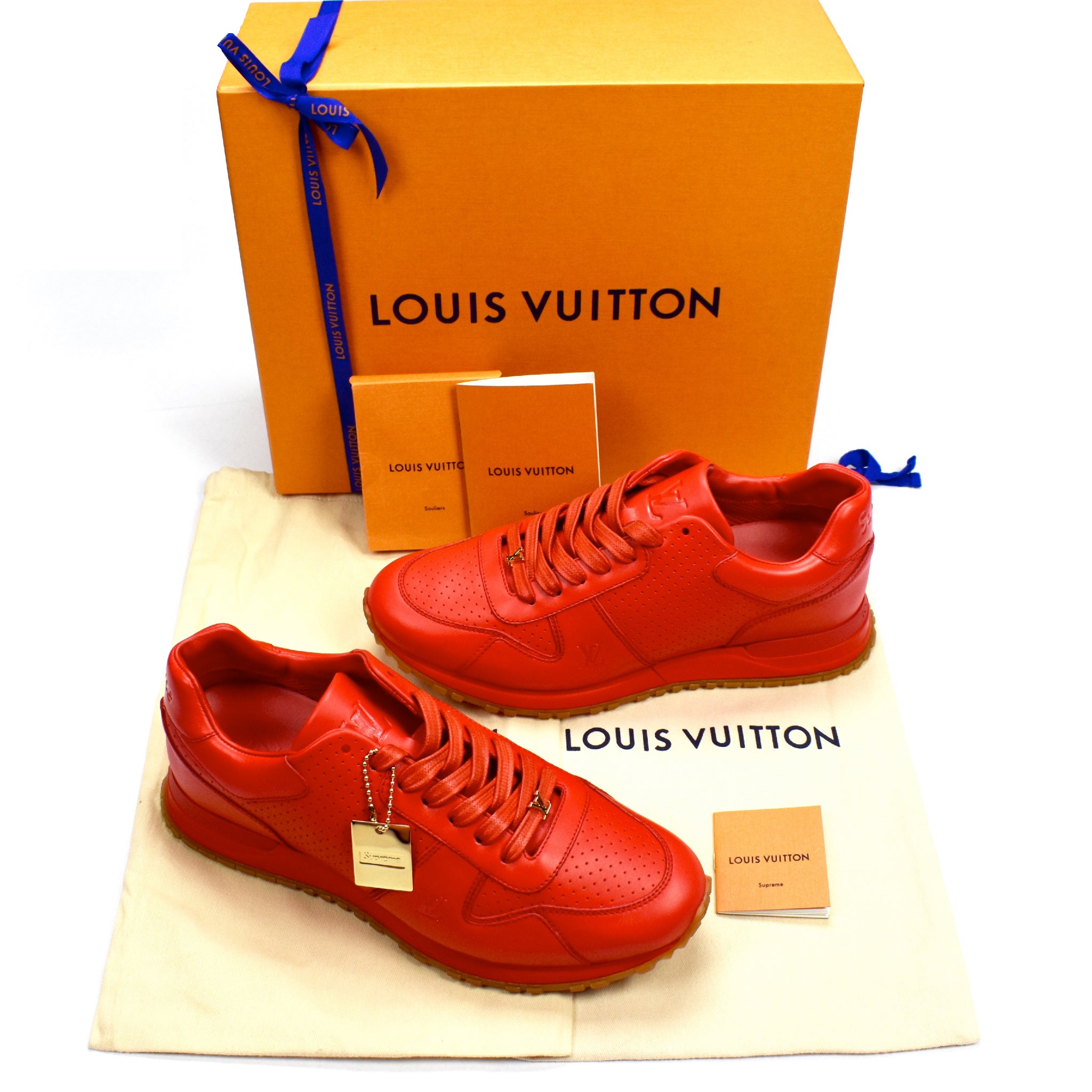 Louis Vuitton x Supreme - Red Leather Run Away Logo Embossed Sneakers – eluXive