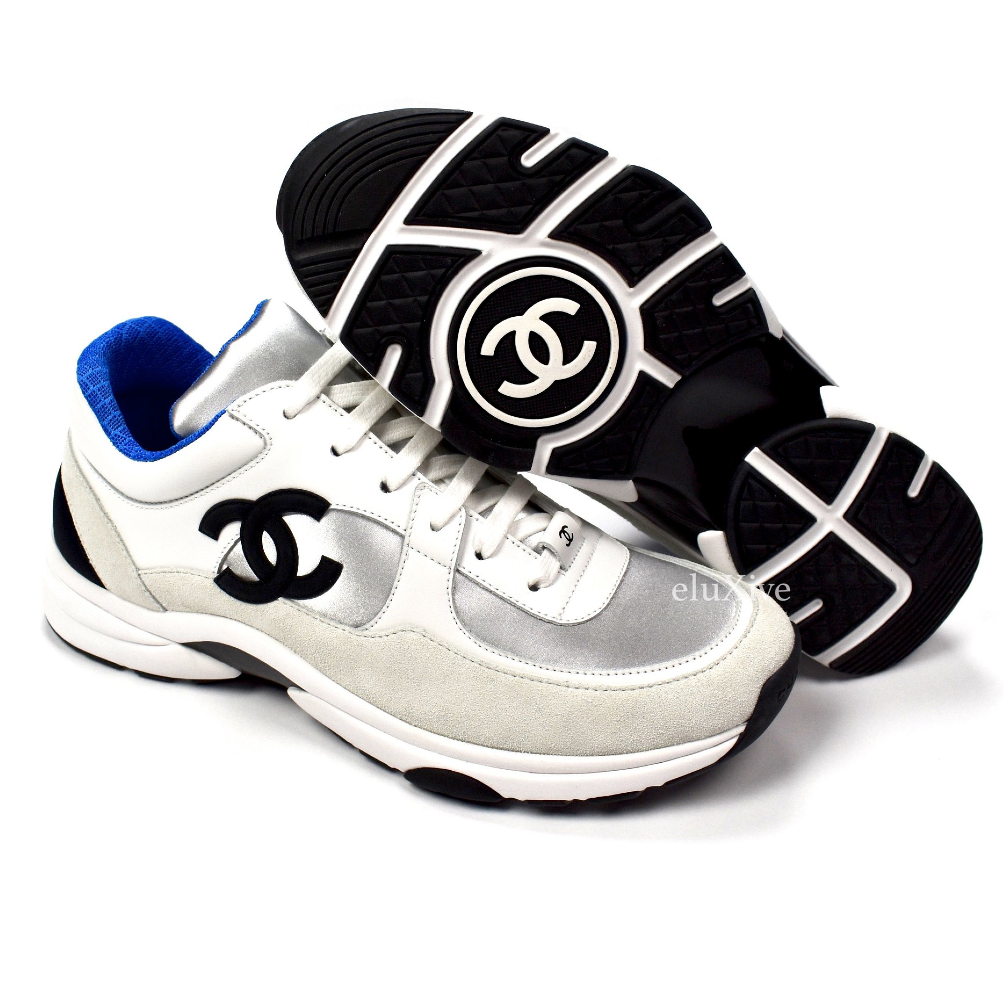 white and blue chanel sneakers