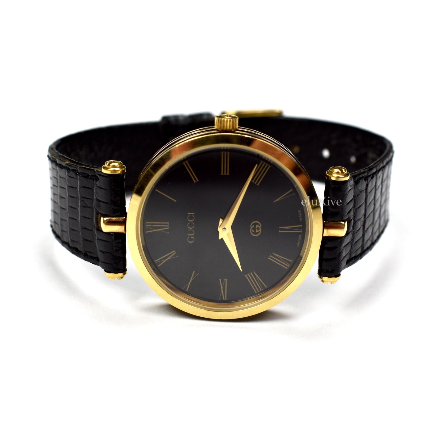 Gucci - 1980s Men's 2000M 18K Gold Black Dial Logo Watch eluXive