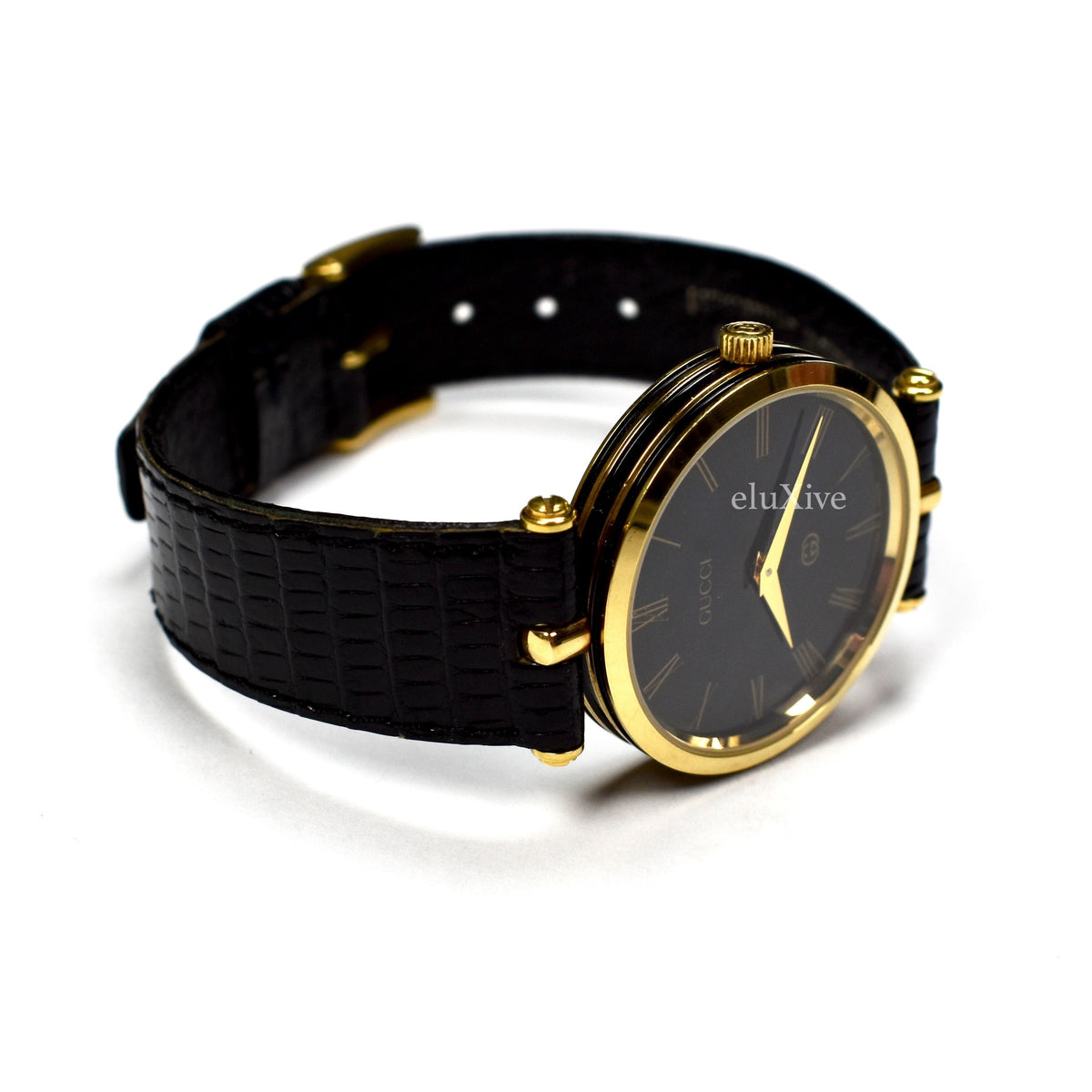 Gucci - 1980s Men's 2000M 18K Gold Black Dial Logo Watch – eluXive