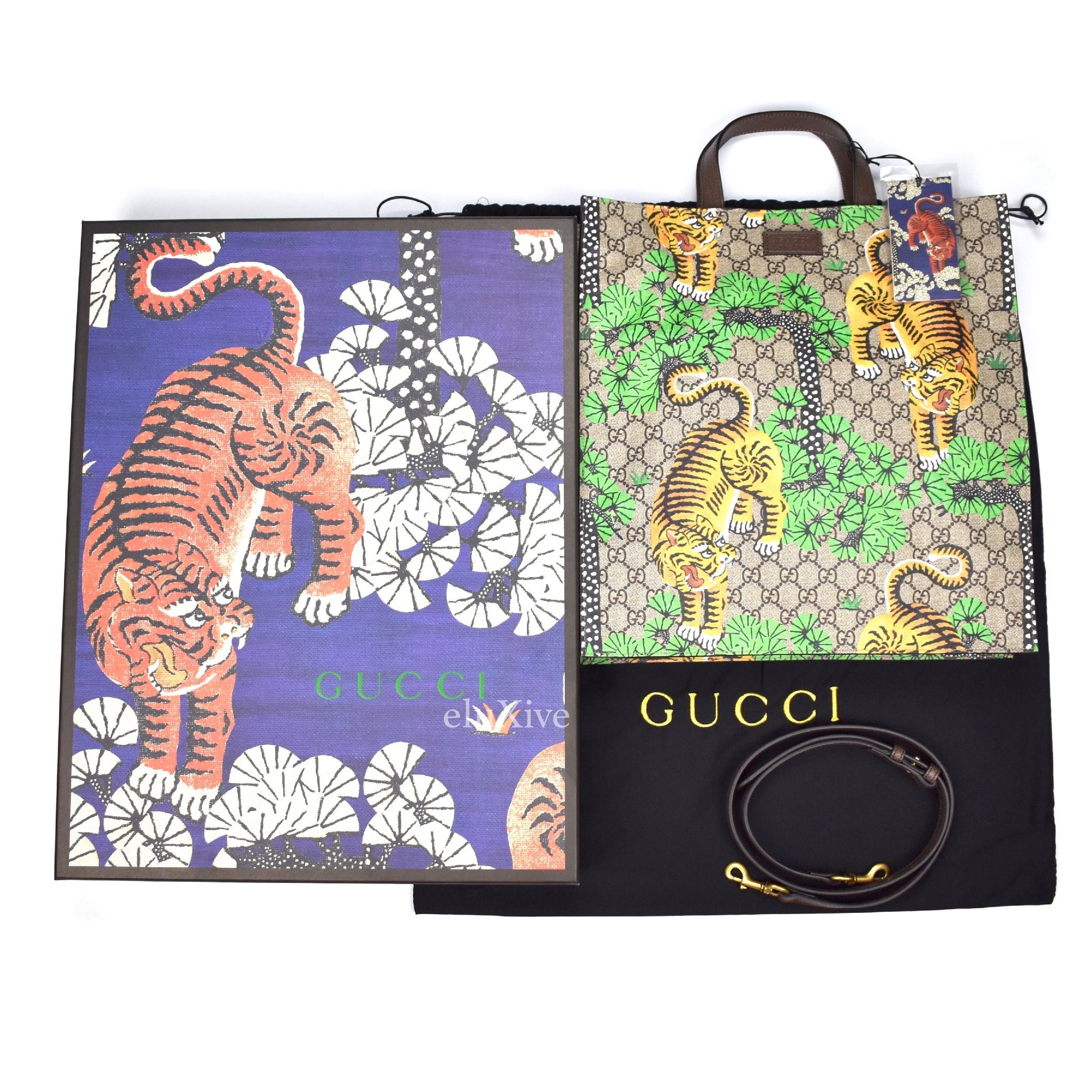 Gucci - GG Supreme Logo Tiger Print Canvas / Leather Tote Bag – eluXive