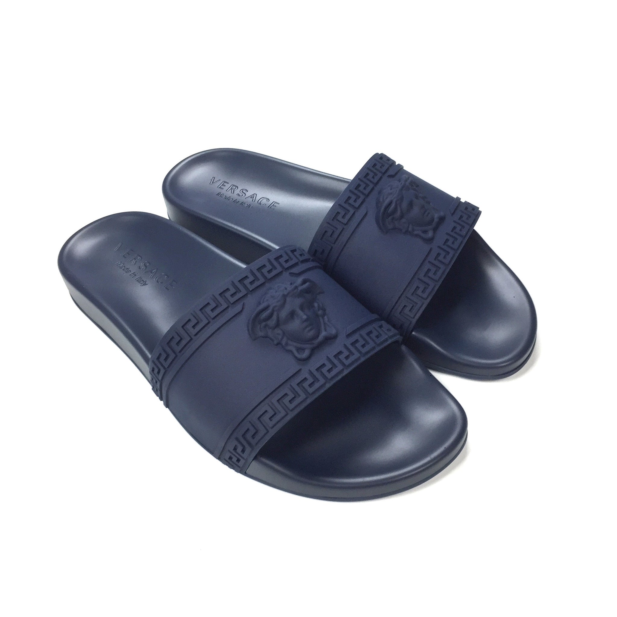 navy blue versace slides