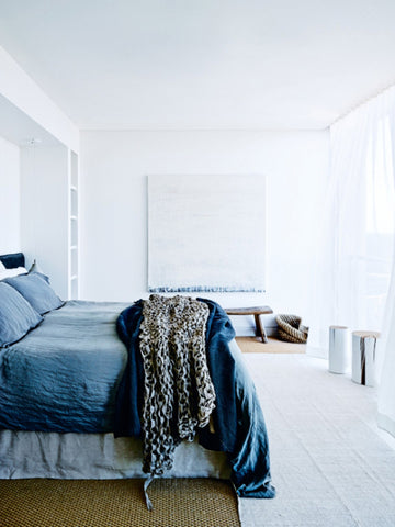 designer beach house blue and white bedroom