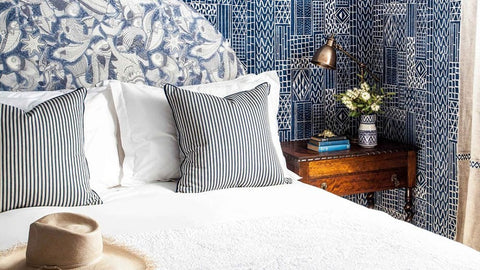 designer beach house blue and white bedroom