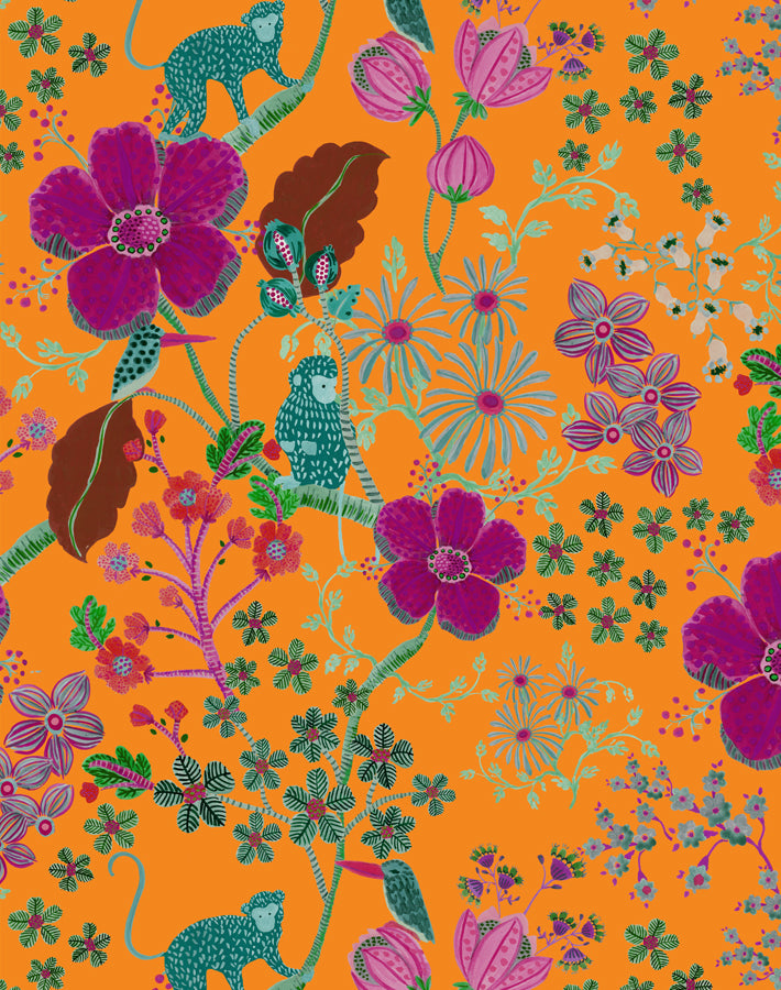 Monkey Garden Apricot Traditional Peel Stick Wallpaper