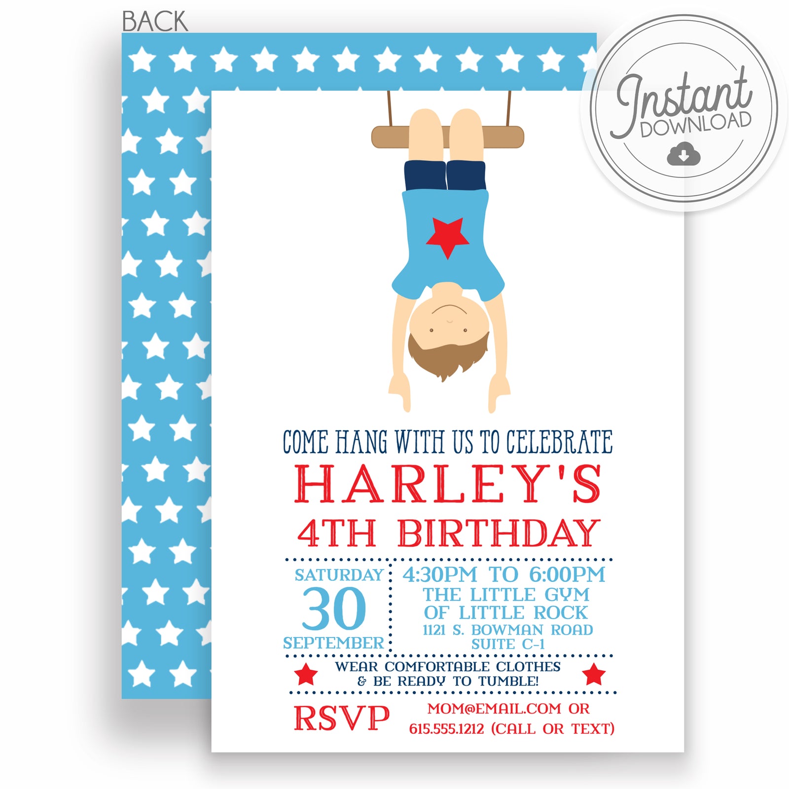 Gymnastic Boy Party Invitation TRY BEFORE You BUY Instant 